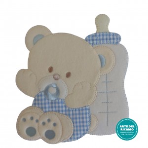 Iron-on Patch - Large Teddy Bear with Pacifier and Feeding Bottle - Light Blue